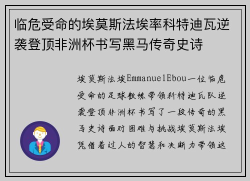 临危受命的埃莫斯法埃率科特迪瓦逆袭登顶非洲杯书写黑马传奇史诗